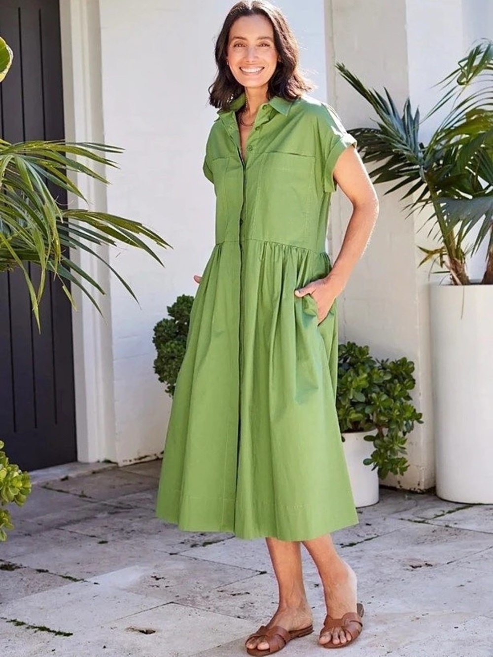 MAYE Harper Shirtdress Short Sleeve Midi Dress Green Medium